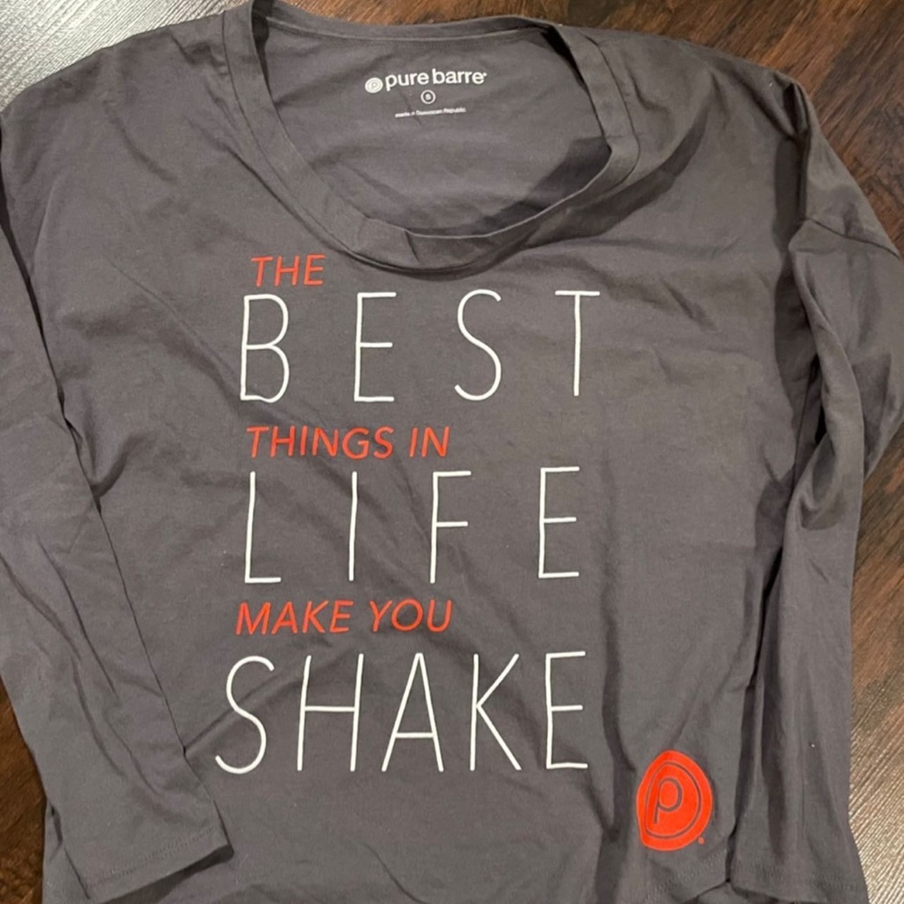 Pure Barre Long Sleeve Tee in Charcoal with Orange and White Print